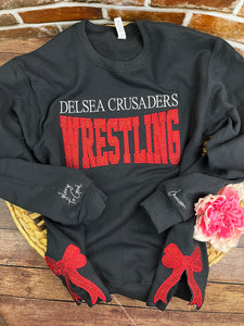 Custom School Sports Team Sweatshirt with Side Bows| Personalized Keepsake- Celebrate Team Spirit with Glitter Embroidered Wrestling, Soccer, Football