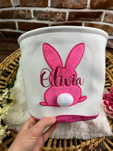 Load image into Gallery viewer, Personalized Easter Bunny Basket – Custom Embroidered Name - Pink, Blue, Green, Baby’s First Easter, Gift Basket, Egg Hunt Bag, Easter Decor
