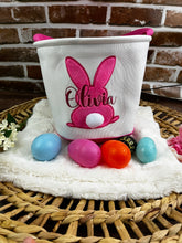 Load image into Gallery viewer, Personalized Easter Bunny Basket – Custom Embroidered Name - Pink, Blue, Green, Baby’s First Easter, Gift Basket, Egg Hunt Bag, Easter Decor
