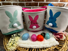 Load image into Gallery viewer, Personalized Easter Bunny Basket – Custom Embroidered Name - Pink, Blue, Green, Baby’s First Easter, Gift Basket, Egg Hunt Bag, Easter Decor
