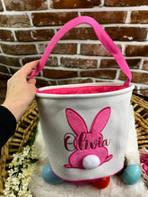 Load image into Gallery viewer, Personalized Easter Bunny Basket – Custom Embroidered Name - Pink, Blue, Green, Baby’s First Easter, Gift Basket, Egg Hunt Bag, Easter Decor
