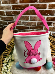 Personalized Easter Bunny Basket – Custom Embroidered Name - Pink, Blue, Green, Baby’s First Easter, Gift Basket, Egg Hunt Bag, Easter Decor