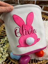 Load image into Gallery viewer, Personalized Easter Bunny Basket – Custom Embroidered Name - Pink, Blue, Green, Baby’s First Easter, Gift Basket, Egg Hunt Bag, Easter Decor
