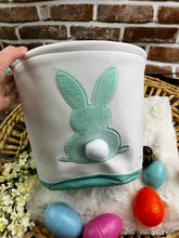 Load image into Gallery viewer, Personalized Easter Bunny Basket – Custom Embroidered Name - Pink, Blue, Green, Baby’s First Easter, Gift Basket, Egg Hunt Bag, Easter Decor
