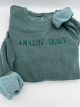 Load image into Gallery viewer, AMAZING GRACE Sweatshirt – Cozy, Hymn Faith-Inspired Apparel Bible verse Christian tee Comfort Colors or Jerzees Sweatshirt Embroidered
