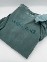 Load image into Gallery viewer, AMAZING GRACE Sweatshirt – Cozy, Hymn Faith-Inspired Apparel Bible verse Christian tee Comfort Colors or Jerzees Sweatshirt Embroidered
