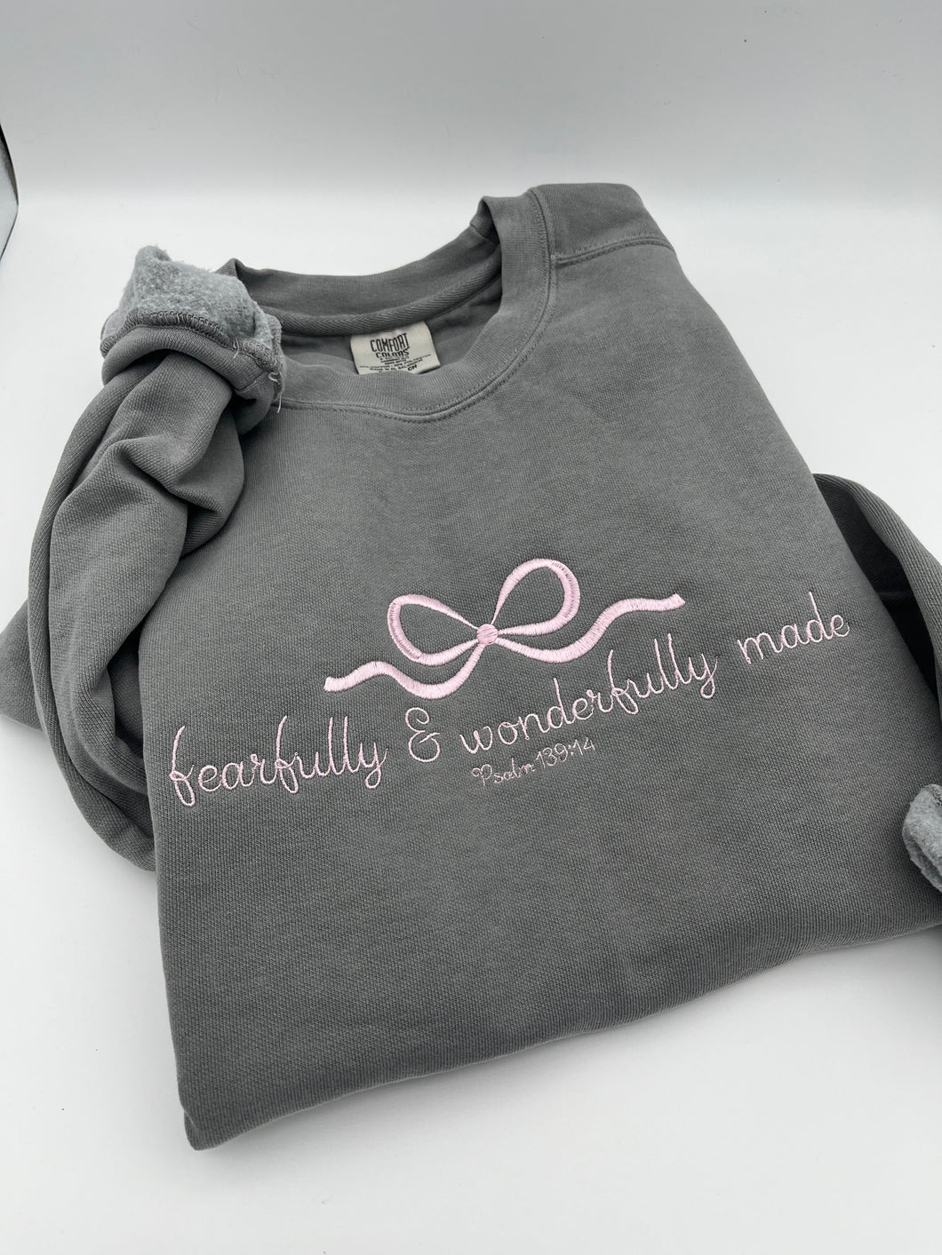 Fearfully and Wonderfully Made Embroidered Sweatshirt Christian Apparel Psalm 139:14 Bible Verse Comfort Colors Jerzees Gift Faith Bow