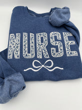 Load image into Gallery viewer, Coquette Nurse Sweatshirt – Appliqué &amp; Embroidered Bow | Custom Department Option. Labor and delivery. Emergency, NICU, Mother Baby, doctor
