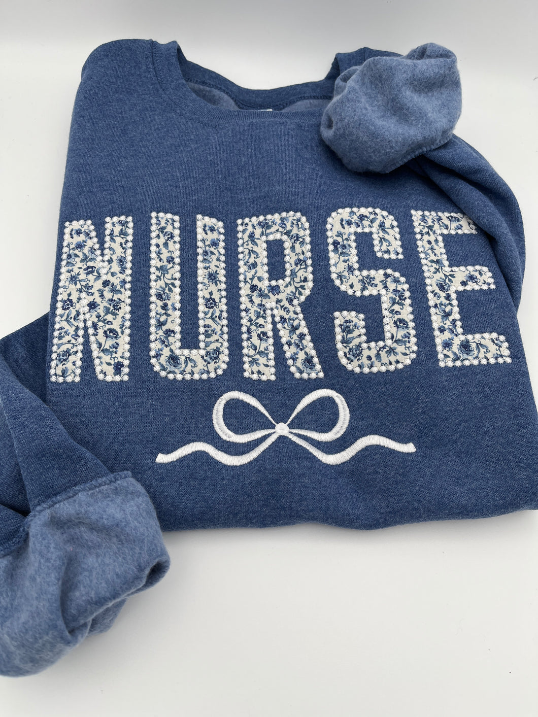 Coquette Nurse Sweatshirt – Appliqué & Embroidered Bow | Custom Department Option. Labor and delivery. Emergency, NICU, Mother Baby, doctor