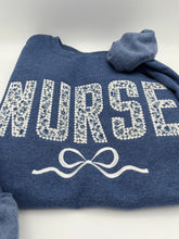 Load image into Gallery viewer, Coquette Nurse Sweatshirt – Appliqué &amp; Embroidered Bow | Custom Department Option. Labor and delivery. Emergency, NICU, Mother Baby, doctor
