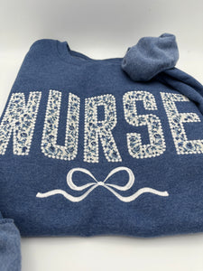 Coquette Nurse Sweatshirt – Appliqué & Embroidered Bow | Custom Department Option. Labor and delivery. Emergency, NICU, Mother Baby, doctor