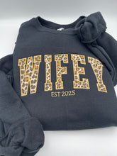 Load image into Gallery viewer, Curved WIFEY Sweatshirt Cheetah Appliqué, Custom EST Year, Bridal Shower Gift, Newlywed Hoodie, Wedding Date Sweatshirt, Wife Gift
