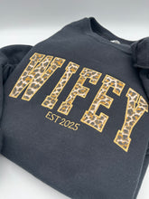 Load image into Gallery viewer, Curved WIFEY Sweatshirt Cheetah Appliqué, Custom EST Year, Bridal Shower Gift, Newlywed Hoodie, Wedding Date Sweatshirt, Wife Gift
