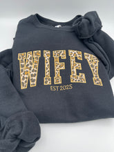 Load image into Gallery viewer, Curved WIFEY Sweatshirt Cheetah Appliqué, Custom EST Year, Bridal Shower Gift, Newlywed Hoodie, Wedding Date Sweatshirt, Wife Gift

