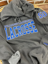 Load image into Gallery viewer, Custom Lacrosse Sweatshirt, Glitter Appliqué, School Name Embroidered, Team Spirit Shirt, Comfort Colors, Jerzees, Personalized Sports Gift
