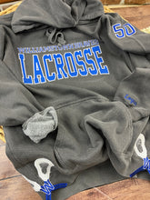Load image into Gallery viewer, Custom Lacrosse Sweatshirt, Glitter Appliqué, School Name Embroidered, Team Spirit Shirt, Comfort Colors, Jerzees, Personalized Sports Gift
