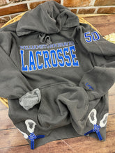 Load image into Gallery viewer, Custom Lacrosse Sweatshirt, Glitter Appliqué, School Name Embroidered, Team Spirit Shirt, Comfort Colors, Jerzees, Personalized Sports Gift
