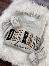Load image into Gallery viewer, Delran Bears Applique Crewneck Sweatshirt | Bears Script Design | Spirit Wear Fundraiser
