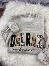 Load image into Gallery viewer, Delran Bears Applique Crewneck Sweatshirt | Bears Script Design | Spirit Wear Fundraiser
