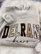 Load image into Gallery viewer, Delran Bears Applique Crewneck Sweatshirt | Bears Script Design | Spirit Wear Fundraiser

