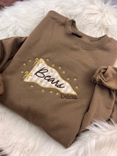Load image into Gallery viewer, Delran Bears Pennant Flag Crewneck — Woodland Brown Gingham Applique

