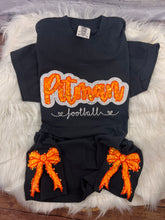 Load image into Gallery viewer, Pitman Football Sequin Sweatshirt | Orange Sequin on Velvet Applique with Embroidered Football | Optional Side Bows
