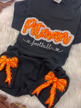 Load image into Gallery viewer, Pitman Football Sequin Sweatshirt | Orange Sequin on Velvet Applique with Embroidered Football | Optional Side Bows
