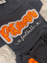 Load image into Gallery viewer, Pitman Football Sequin Sweatshirt | Orange Sequin on Velvet Applique with Embroidered Football | Optional Side Bows
