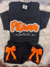 Load image into Gallery viewer, Pitman Football Sequin Sweatshirt | Orange Sequin on Velvet Applique with Embroidered Football | Optional Side Bows
