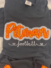 Load image into Gallery viewer, Pitman Football Sequin Sweatshirt | Orange Sequin on Velvet Applique with Embroidered Football | Optional Side Bows
