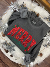 Load image into Gallery viewer, MERRY Sequin Christmas Sweatshirt Curved Script Holiday Pullover with Holly Berries | Comfort Colors or Jerzees Crewneck. Gift Ideas.

