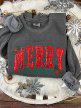 Load image into Gallery viewer, MERRY Sequin Christmas Sweatshirt Curved Script Holiday Pullover with Holly Berries | Comfort Colors or Jerzees Crewneck. Gift Ideas.
