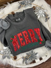 Load image into Gallery viewer, MERRY Sequin Christmas Sweatshirt Curved Script Holiday Pullover with Holly Berries | Comfort Colors or Jerzees Crewneck. Gift Ideas.
