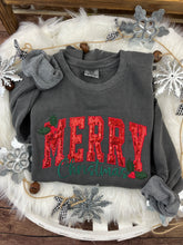Load image into Gallery viewer, MERRY Sequin Christmas Sweatshirt Curved Script Holiday Pullover with Holly Berries | Comfort Colors or Jerzees Crewneck. Gift Ideas.
