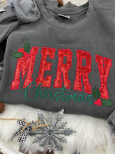 Load image into Gallery viewer, MERRY Sequin Christmas Sweatshirt Curved Script Holiday Pullover with Holly Berries | Comfort Colors or Jerzees Crewneck. Gift Ideas.
