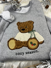 Load image into Gallery viewer, Embroidered Christmas Bear Sweatshirt Brown Sherpa Applique Holly Paw Holiday Gift Cozy Winter Comfort Colors Jerzees Custom Made
