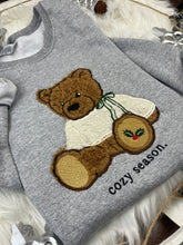 Load image into Gallery viewer, Embroidered Christmas Bear Sweatshirt Brown Sherpa Applique Holly Paw Holiday Gift Cozy Winter Comfort Colors Jerzees Custom Made
