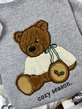 Load image into Gallery viewer, Embroidered Christmas Bear Sweatshirt Brown Sherpa Applique Holly Paw Holiday Gift Cozy Winter Comfort Colors Jerzees Custom Made
