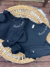 Load image into Gallery viewer, Custom Embroidered Name Sweatshirt or Tee | Cursive Collar Embroidery | MAMA, Nana, Grammy, Aunt, Teacher Gift | Comfort Colors, Jerzees
