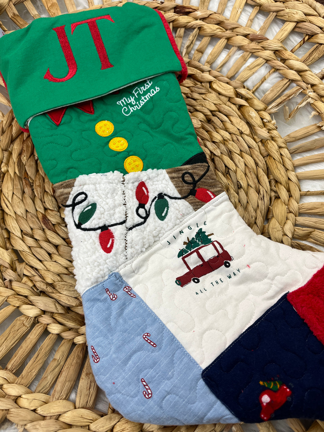 Memory Keepsake Christmas Stocking from Baby Clothes | Personalized Name Cuff | Quilted Patchwork Heirloom | Custom Handmade Gift