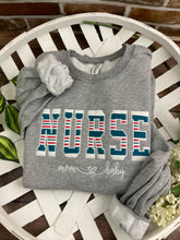 Load image into Gallery viewer, Nurse sweatshirt from baby hospital swaddle Blanket-  RN labor delivery  Licensed Practical, CNA,  - Fabric Keepsake Sweatshirts - Applique
