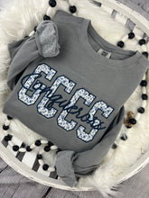 Load image into Gallery viewer, Custom GCCS Appliqué Sweatshirt | Floral Blue GCCS Embroidery | Conquerors Cursive Script | Comfort Colors School Spirit Sweatshirt

