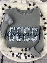 Load image into Gallery viewer, Custom GCCS Appliqué Sweatshirt | Floral Blue GCCS Embroidery | Conquerors Cursive Script | Comfort Colors School Spirit Sweatshirt
