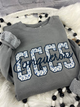 Load image into Gallery viewer, Custom GCCS Appliqué Sweatshirt | Floral Blue GCCS Embroidery | Conquerors Cursive Script | Comfort Colors School Spirit Sweatshirt
