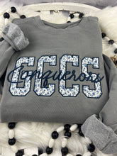 Load image into Gallery viewer, Custom GCCS Appliqué Sweatshirt | Floral Blue GCCS Embroidery | Conquerors Cursive Script | Comfort Colors School Spirit Sweatshirt
