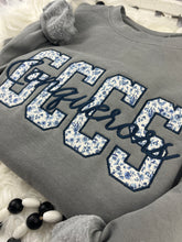 Load image into Gallery viewer, Custom GCCS Appliqué Sweatshirt | Floral Blue GCCS Embroidery | Conquerors Cursive Script | Comfort Colors School Spirit Sweatshirt
