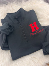 Load image into Gallery viewer, Black quarter-zip with red applique H and Mrs. Flacco embroidered in red
