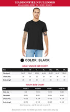 Load image into Gallery viewer, Black Bella+Canvas tee with adult and youth size charts
