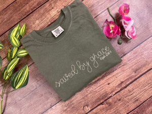 Saved by grace - Eph. 2:8-9 Christian Bible Scripture Embroidered Shirt - Mom - Grammy - Comfort Colors Embroidered - Mommy