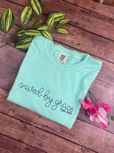 Saved by grace - Eph. 2:8-9 Christian Bible Scripture Embroidered Shirt - Mom - Grammy - Comfort Colors Embroidered - Mommy